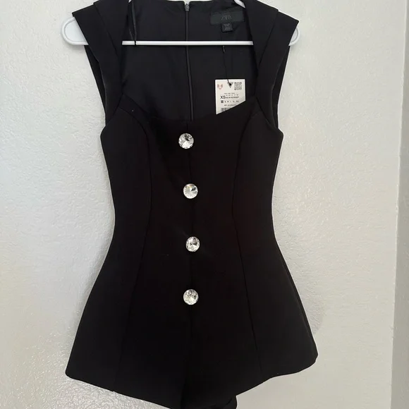 Zara Black Sleeveless Crystal-Button Romper - Picture 2 of 4